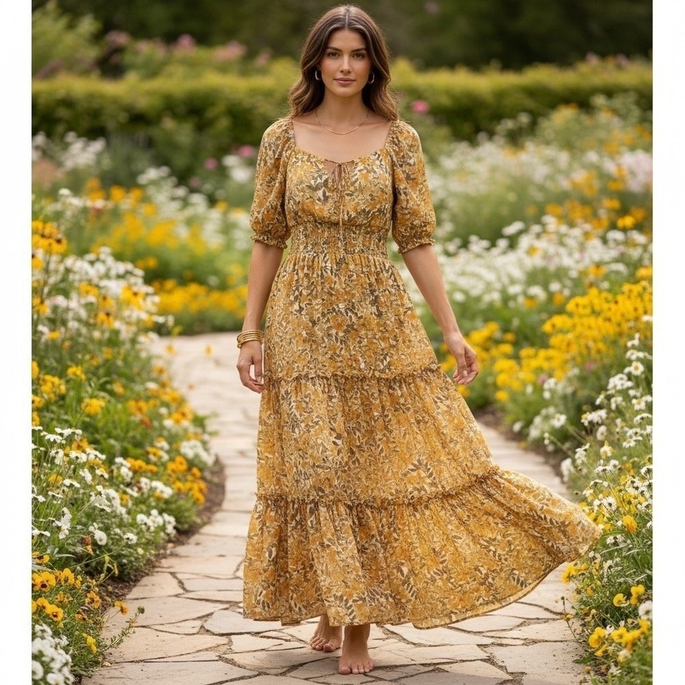 NWT Baltic Born Floral Tiered Maxi Dress Sz M Gold Brown Smocked Puff Sleeve NEW